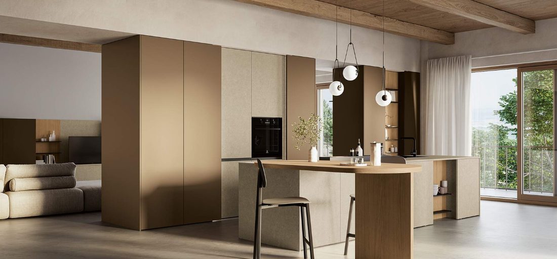 Cucina in rovere e beige con isola in legno