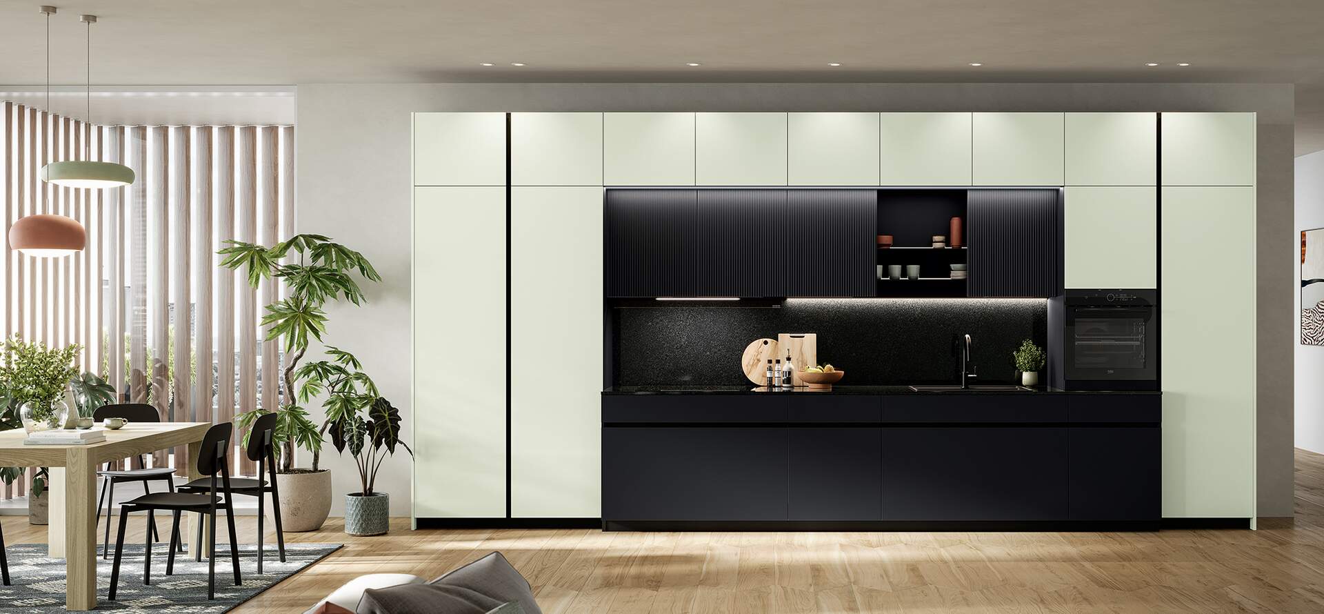 Cucina verde salvia con ante black cannettate in PET (liquirizia), realizzata da Home Sweet Home Roma